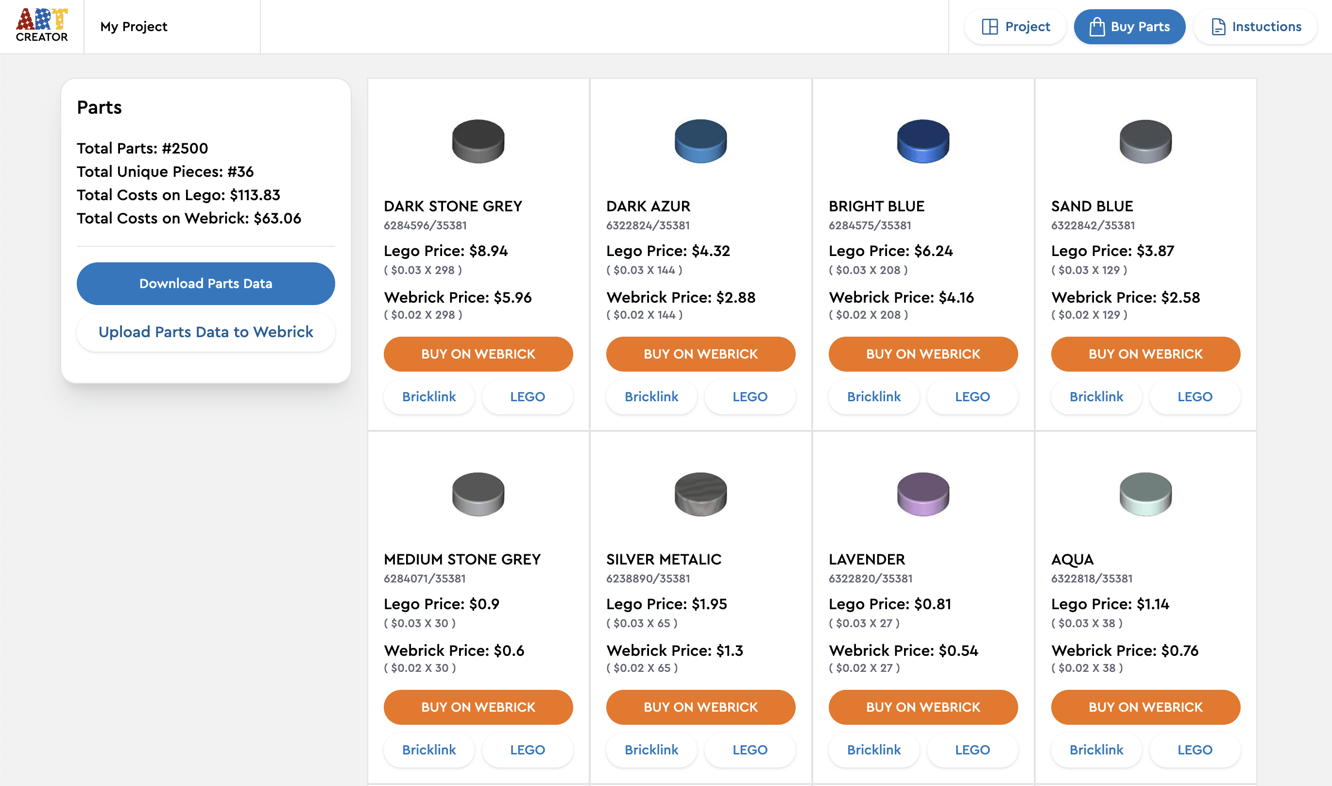 Brick Art Creator Buy Parts page