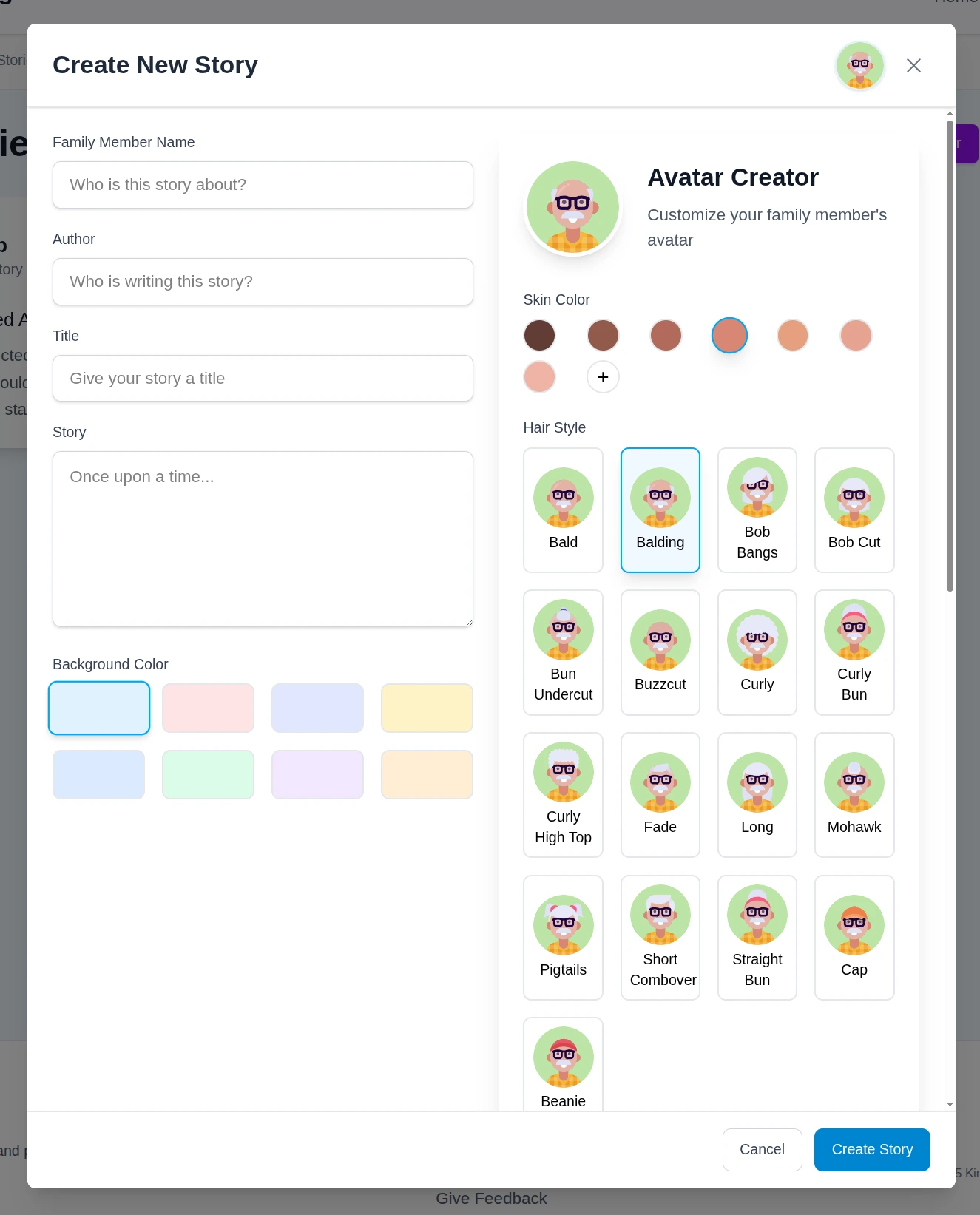 Kintales story creator UI